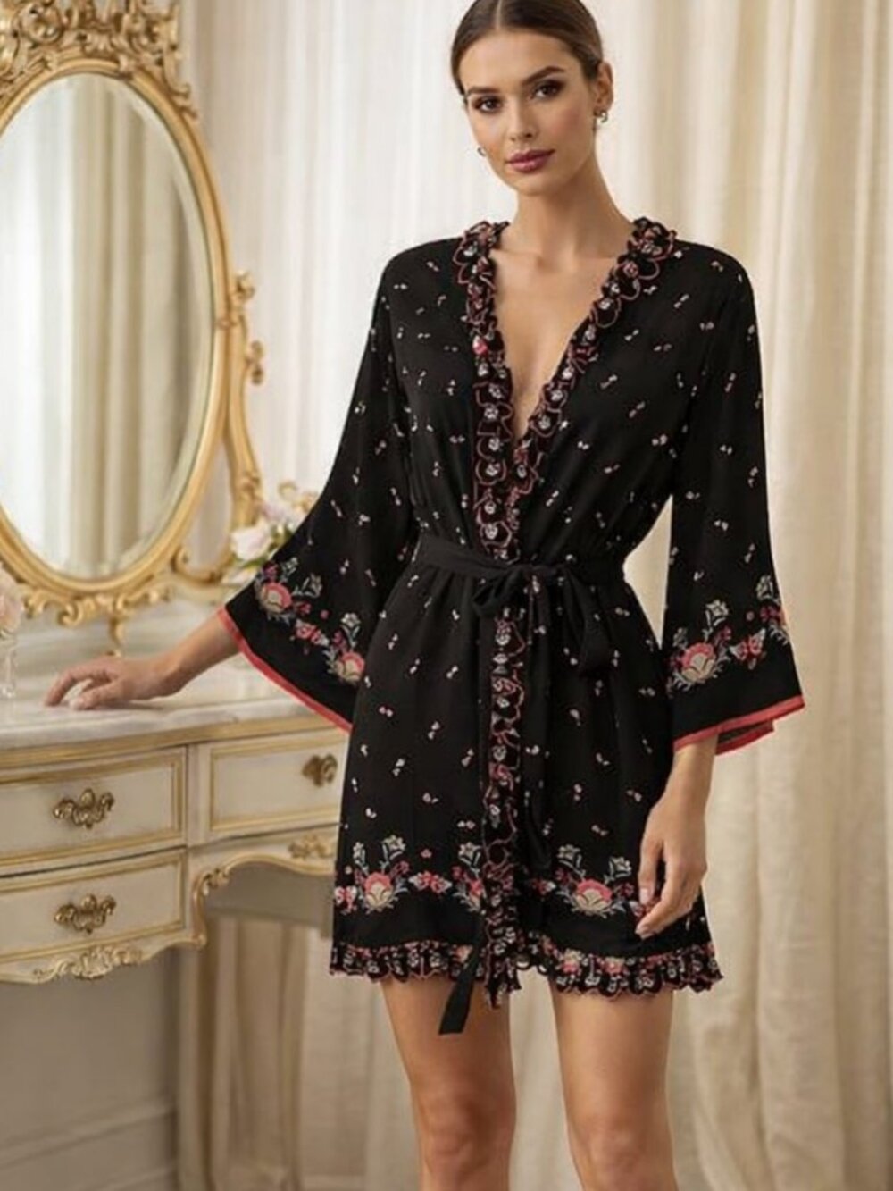 New PRINCESSE TAM + TAM PARIS Fleur Kimono Wrap Mini Dress Robe Black Pink L